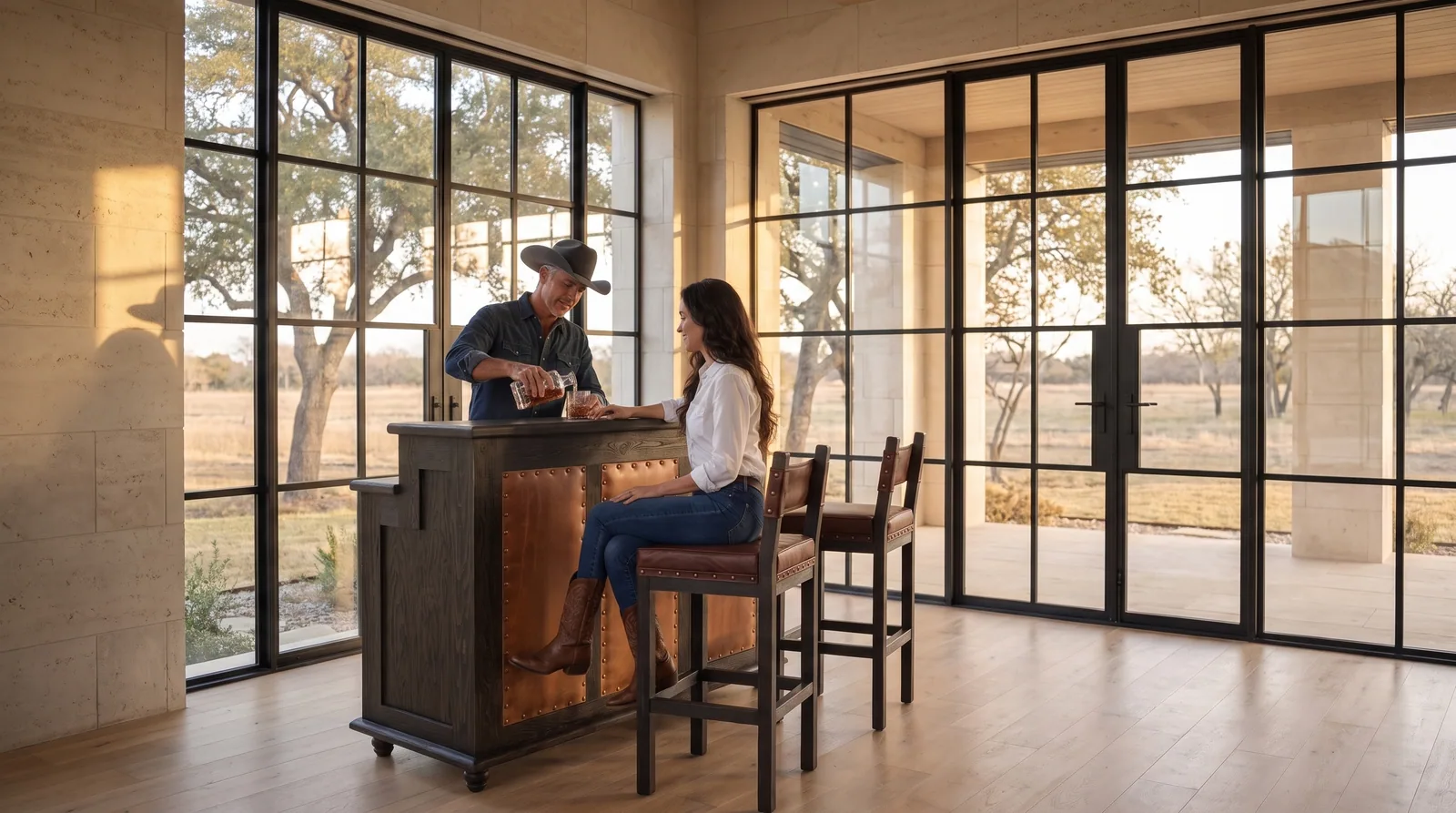 The Maverick Bar in a ranch house at golden hour, whiskey poured behind the counter while a guest sits at the bar